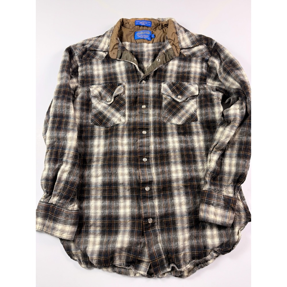 Pendleton Wool Flannel Shirt Mens Large Long Brown Plaid Western Snap Front